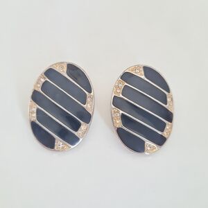 Chunky Vintage Black and Gold Striped Earrings - Clip-on